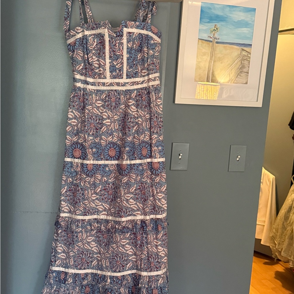 Blue and White Tiered Maxi Sundress with Spaghetti Straps - Charleston
